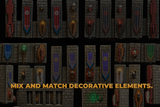 A set of fantasy tabletop gaming decorative elements mounted on a stone wall, including banners, shields, helmets, and skull motifs, with the text 'MIX AND MATCH DECORATIVE ELEMENTS.' overlaid at the bottom.