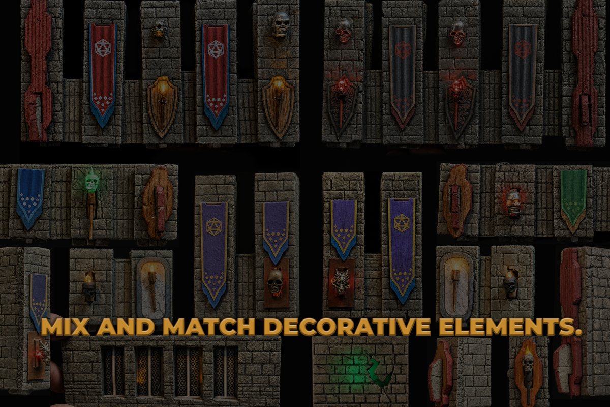 A set of fantasy tabletop gaming decorative elements mounted on a stone wall, including banners, shields, helmets, and skull motifs, with the text 'MIX AND MATCH DECORATIVE ELEMENTS.' overlaid at the bottom.