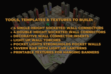 A promotional graphic on a black background showing a 3D isometric preview of a tabletop gaming build set with orange text listing tools, templates, and textures such as wall connectors, decorative inserts, light-up wall torches, pocket lights, and printable banner textures.