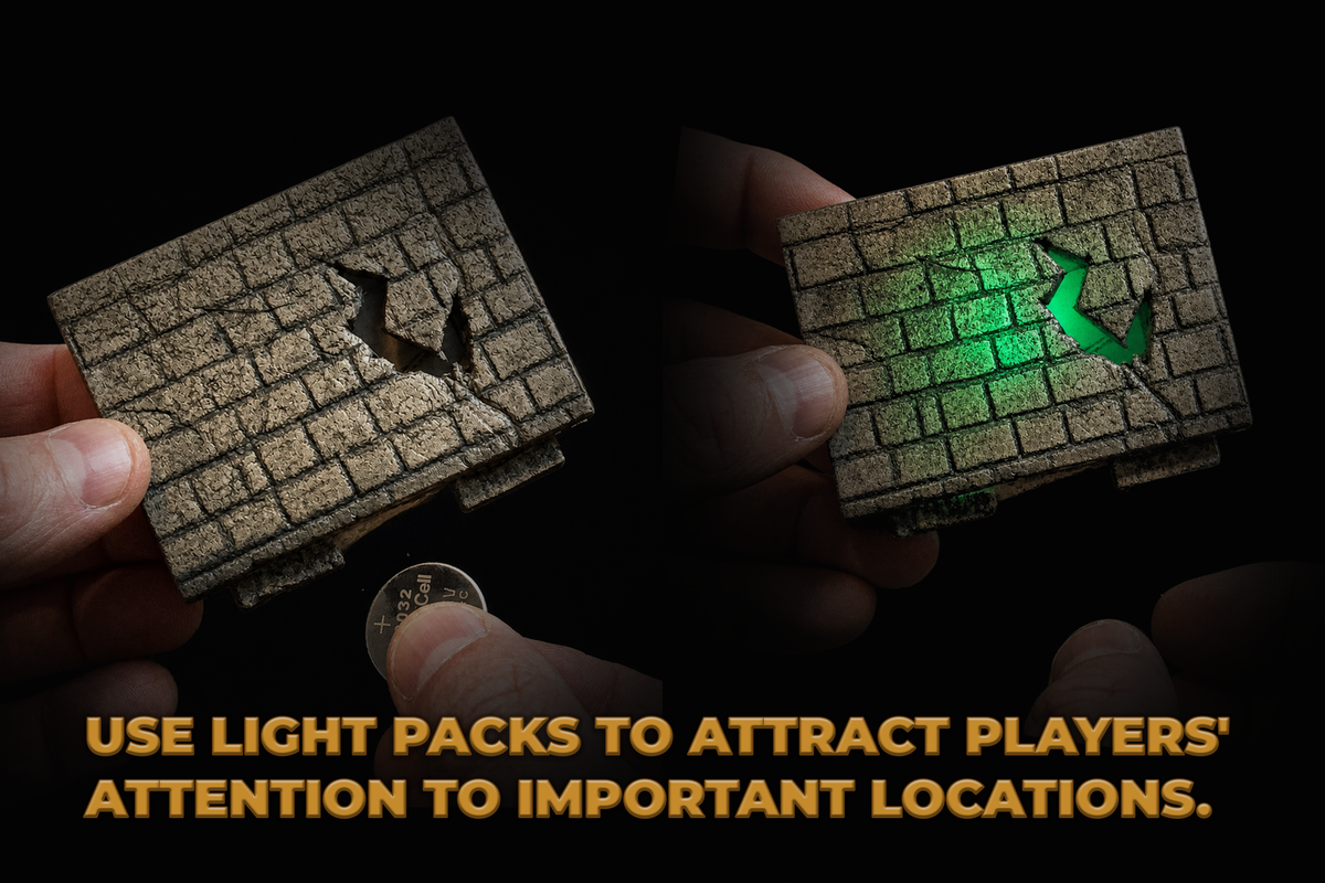 Two hands hold miniature stone-textured board game pieces against a black background, with one piece lit green by a light pack. Gold text at the bottom reads, 'USE LIGHT PACKS TO ATTRACT PLAYERS' ATTENTION TO IMPORTANT LOCATIONS.
