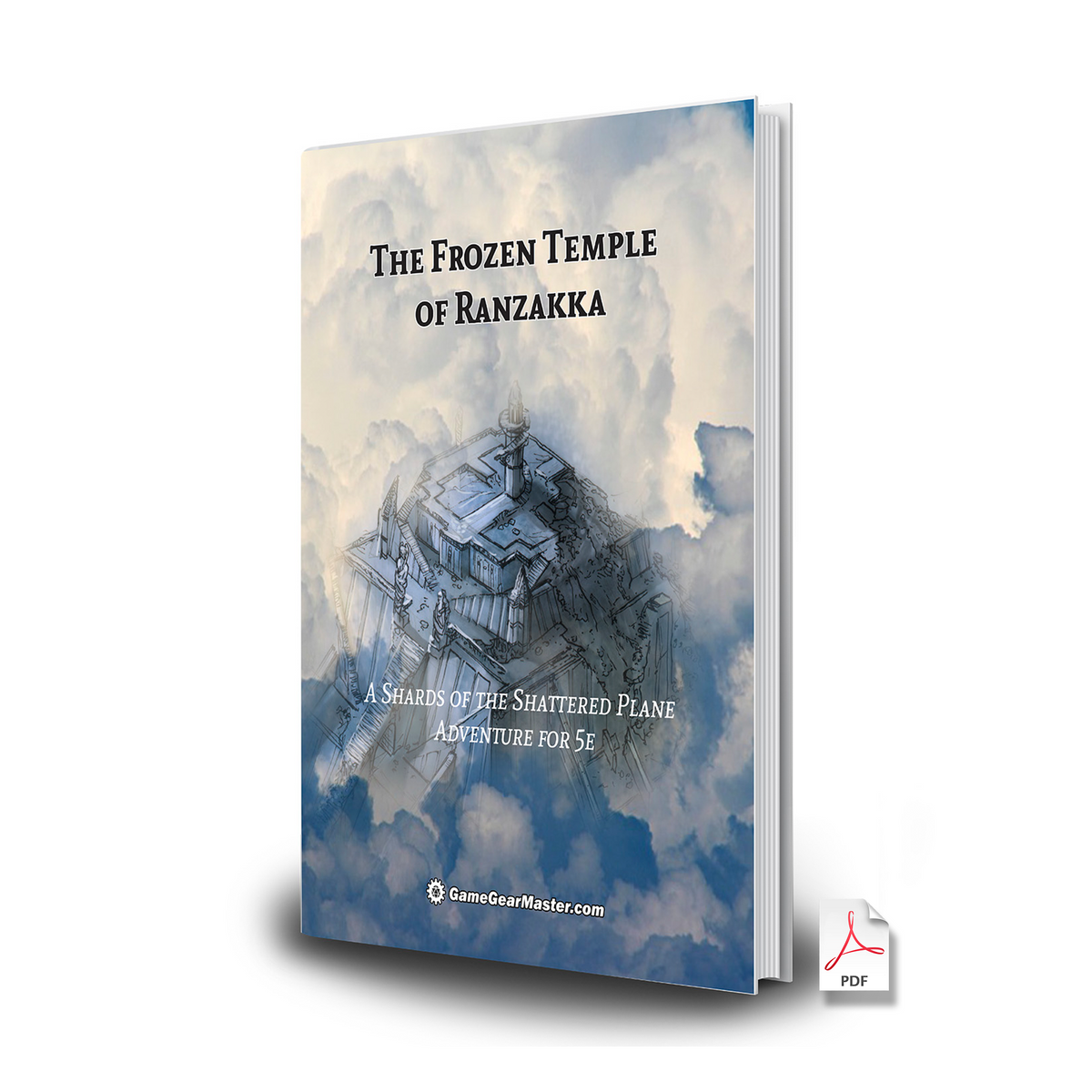 Book cover of 'The Frozen Temple of Ranzakka' with a fantasy temple illustration on a cloudy background.